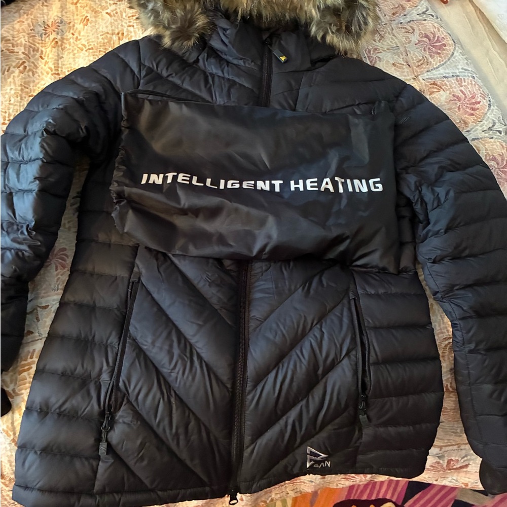 Women's Black Heated Puffer Coat with Faux-Fur Hood Gloves Included